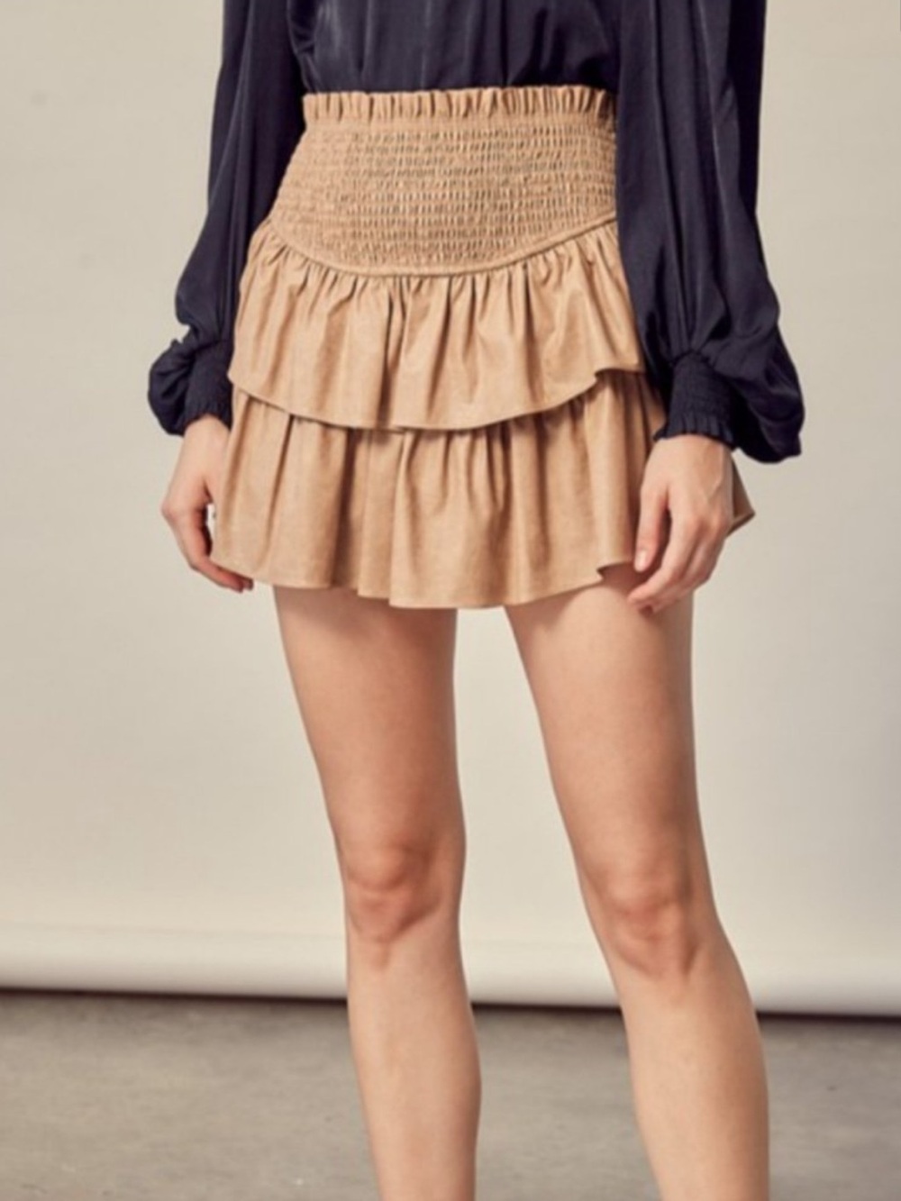 Mustard Seed | Brown Smocked Waist Faux Leather Ruffle‎ Bottom Mini Skirt S